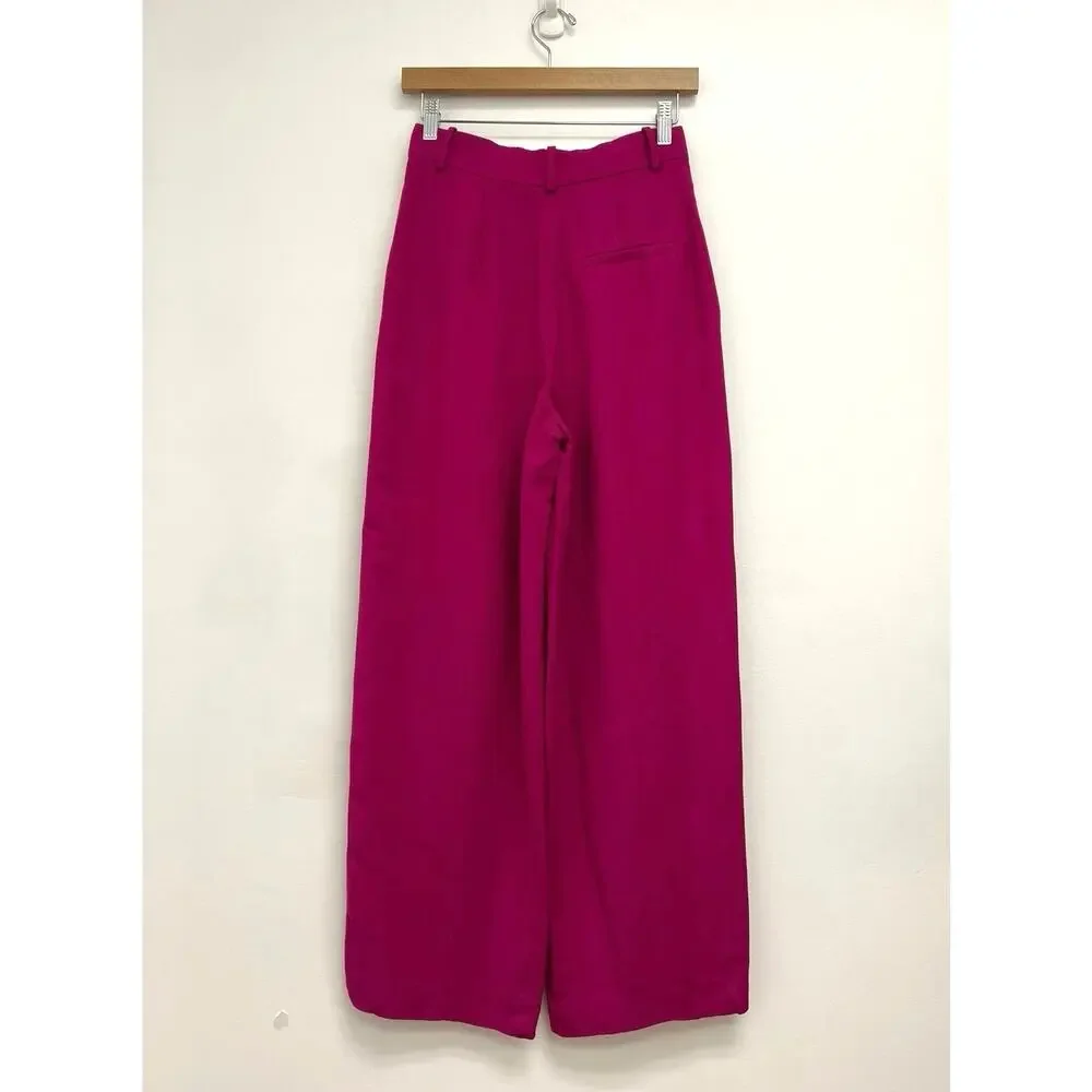 COS Relaxed Pleated Linen-Blend Wide-Leg Trousers Pink Colorful Work - Size 2